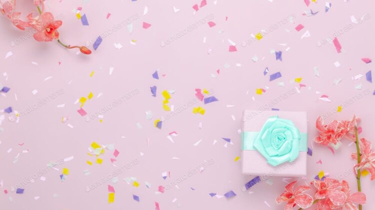Flat lay aerial image of items mothers day or party birthday holiday background concept